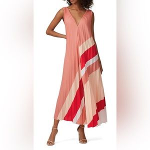 Tome Size 8 Pleated Pink Striped Sleeveless Maxi V Neck Dress